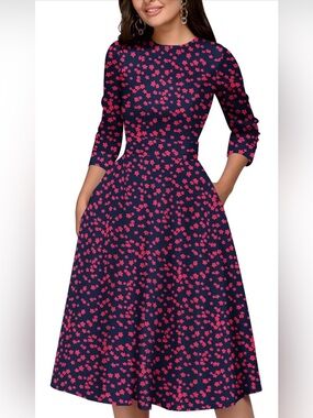 NWT Navy & Red Midi Dress with Floral Print & Fitted Waist, Small